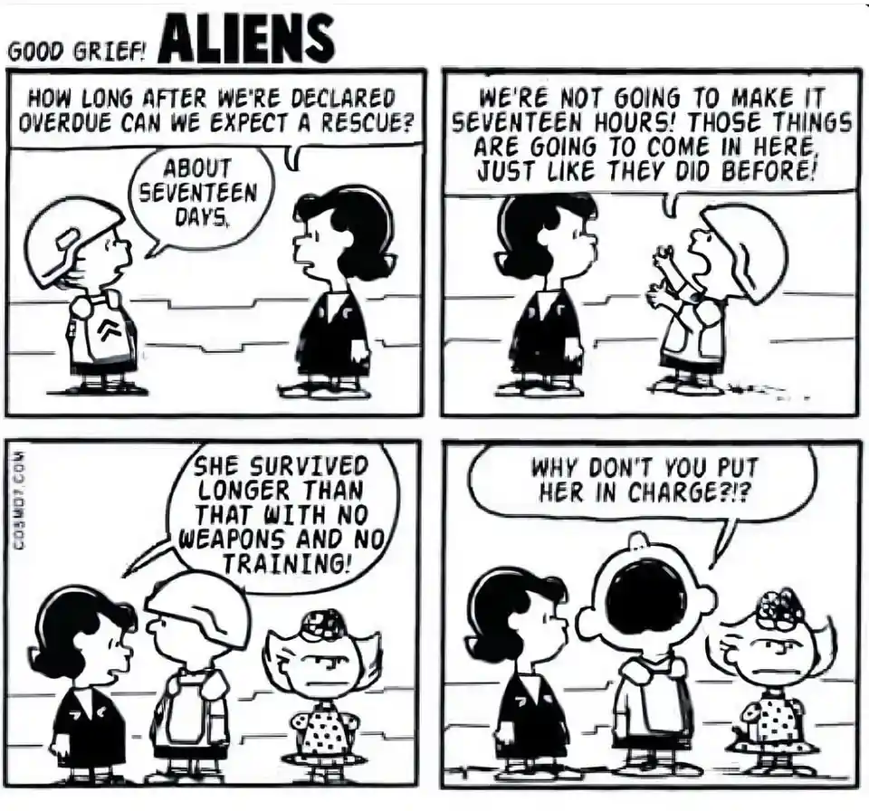 A four-panel black-and-white comic strip featuring Peanuts characters in alien rescue gear. A character asks how long until…