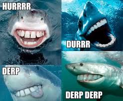 A four-panel image of sharks with progressively more awkward or silly expressions. Top left: a shark with a wide, toothy…