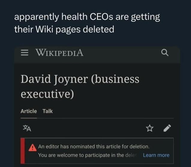 A screenshot of a Wikipedia page for 'David Joyner (business executive)' shows a deletion notice banner at the bottom. The…