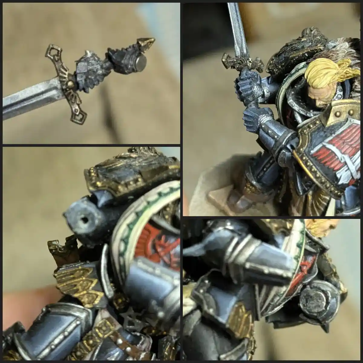 A collage of five close-up photos of a painted miniature warrior figure, showing a sword with a broken hilt and a damaged…