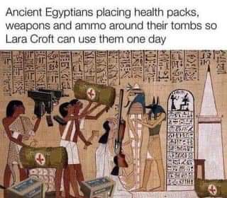 An ancient Egyptian tomb scene with hieroglyphs and figures, some holding modern video game items like health packs and…