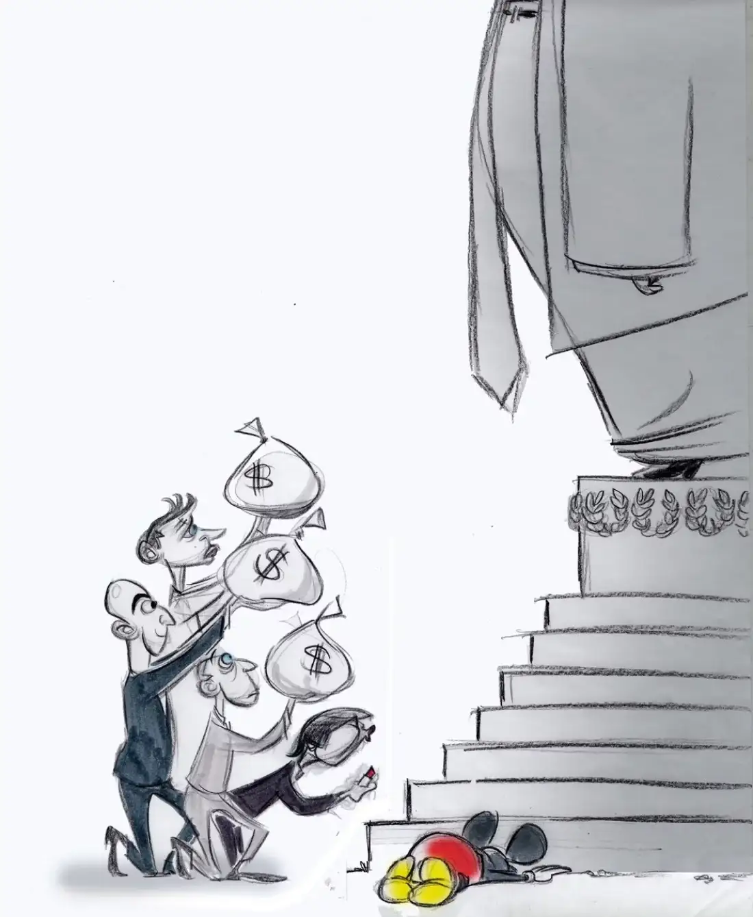a pencil sketch shows several men carrying large sacks marked with dollar signs up a set of stairs leading to a giant…