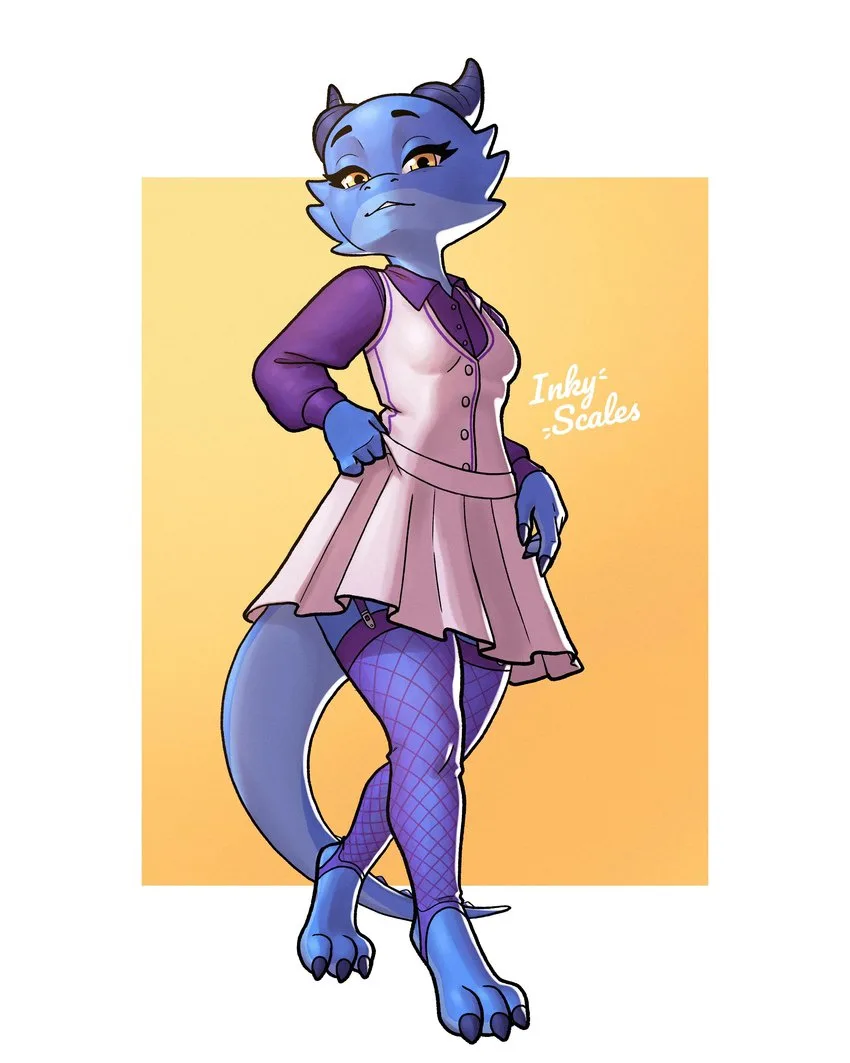 A blue dragon character with horns and a tail poses confidently in a pink dress over a purple shirt and purple checkered…