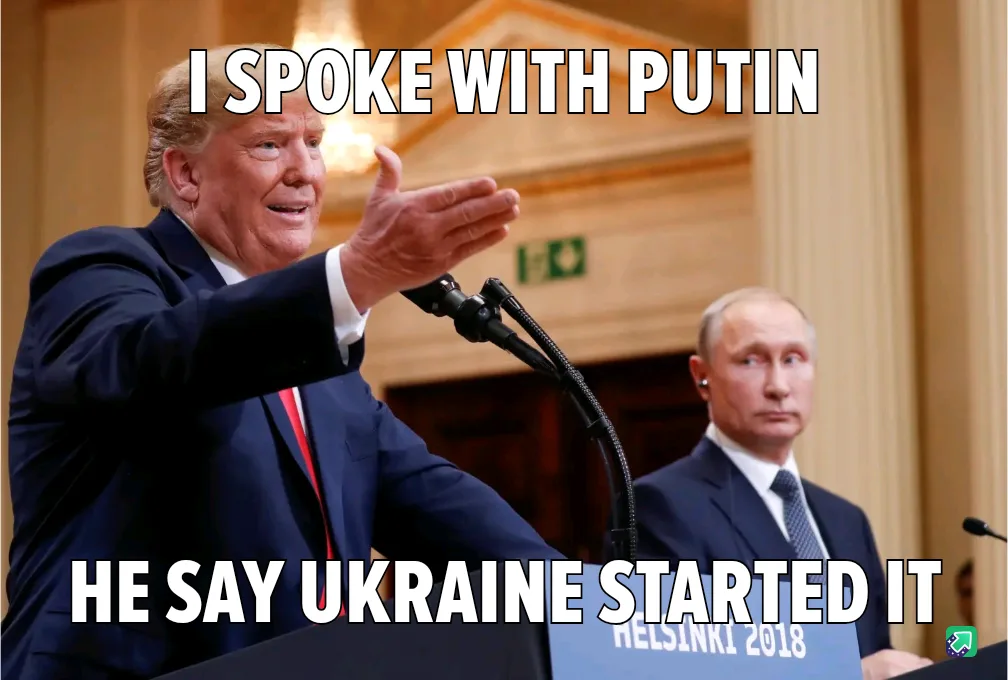 A photo shows Donald Trump gesturing while speaking at a podium, with Vladimir Putin seated behind him looking away. White…