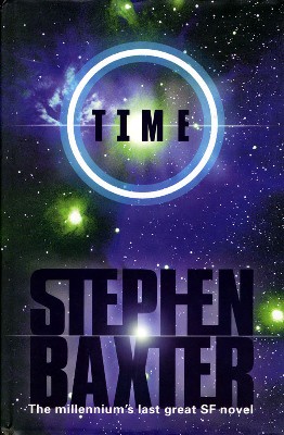 A book cover for 'TIME' by Stephen Baxter, featuring a cosmic background with stars and nebulae, a glowing blue ring with…