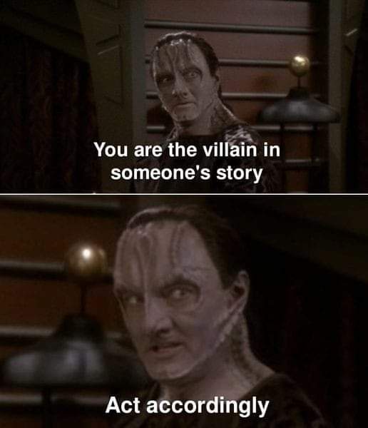 Two-panel meme featuring the character Sarek from Star Trek: The Next Generation. In the top panel, he looks sternly at the…