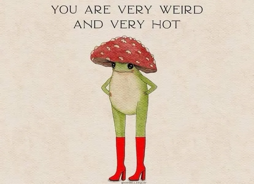 An illustrated anthropomorphic frog with a red mushroom cap for a head, wearing red high heels, stands with hands on hips…
