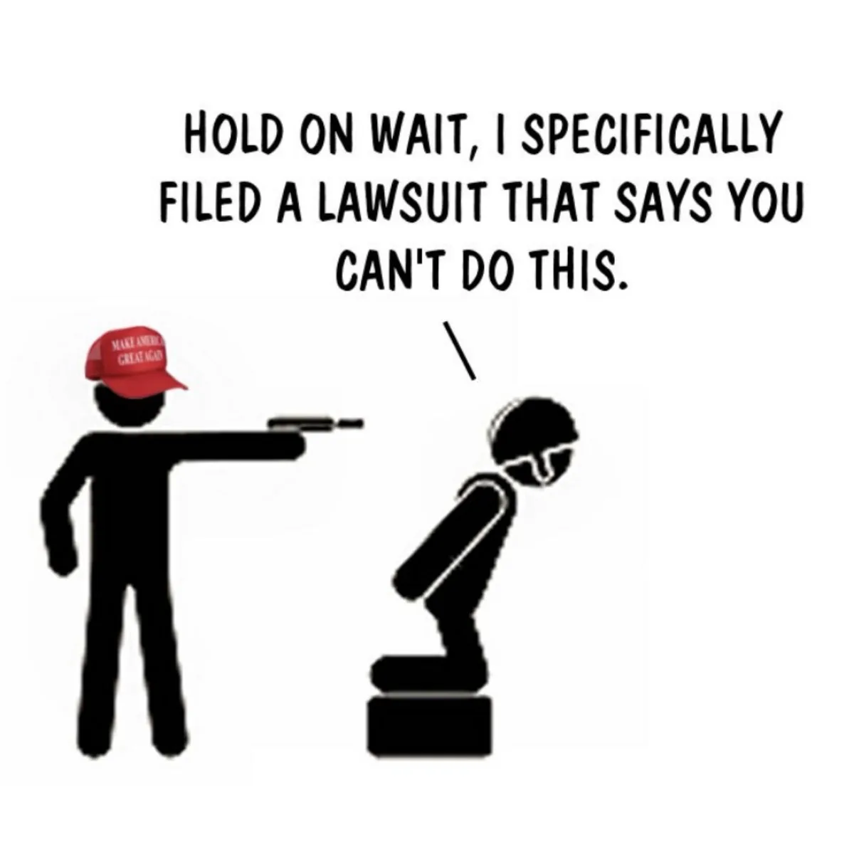 A stick figure wearing a red 'MAKE AMERICA GREAT AGAIN' cap points a gun at another stick figure who is kneeling on a block…