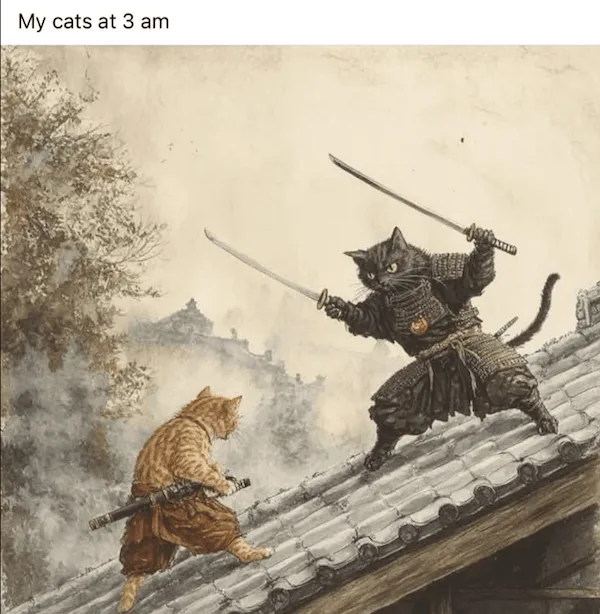An illustrated scene depicts two cats on a tiled roof in a samurai-style battle. One cat, black and wearing full armor…