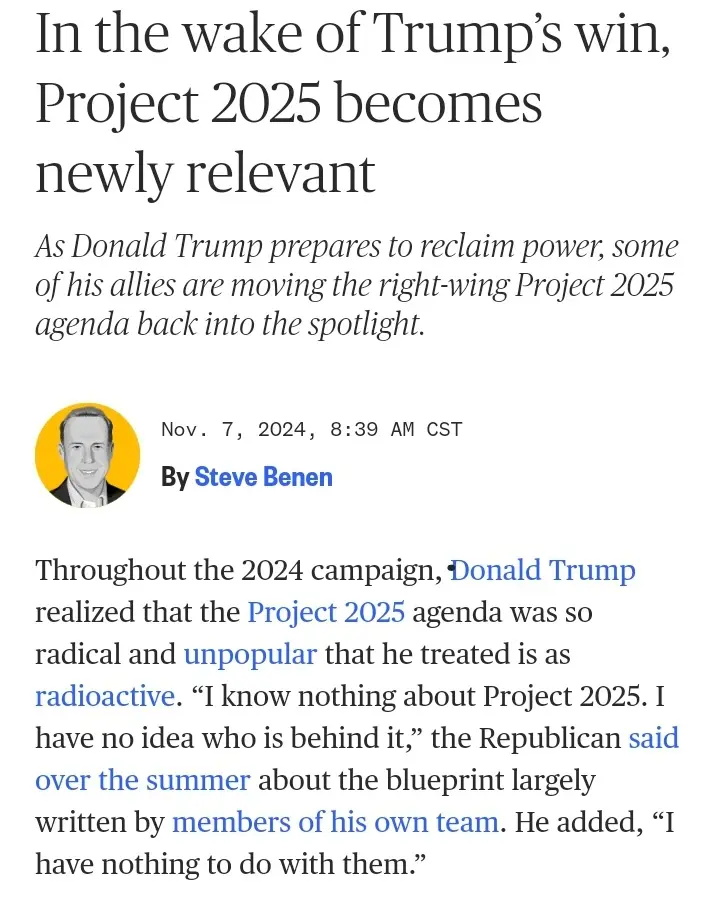 A screenshot of a news article by Steve Benen dated Nov. 7, 2024, discussing how Donald Trump's allies are reviving the…