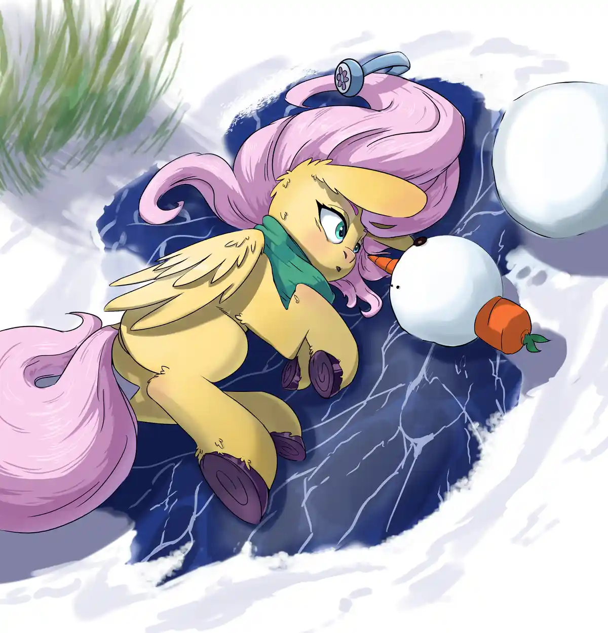 A cartoon pony with yellow fur, pink mane and tail, and a green scarf is crouched in a snowy scene, looking terrified as a…