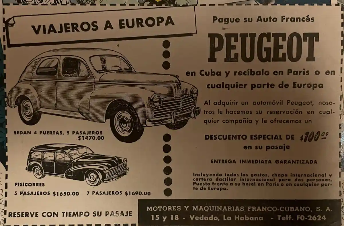A vintage black-and-white advertisement from Cuba promoting Peugeot cars, showing two models with prices. The ad offers…