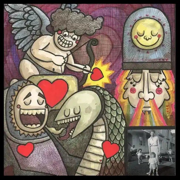A colorful, cartoonish illustration features a mischievous Cupid aiming a bow with a heart arrow, alongside a smiling sun, a…
