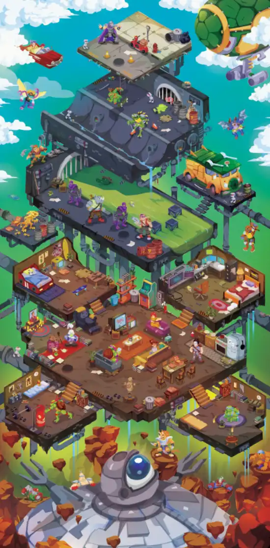 a colorful, isometric illustration of a massive, multi-level floating house with numerous rooms, characters, and objects…