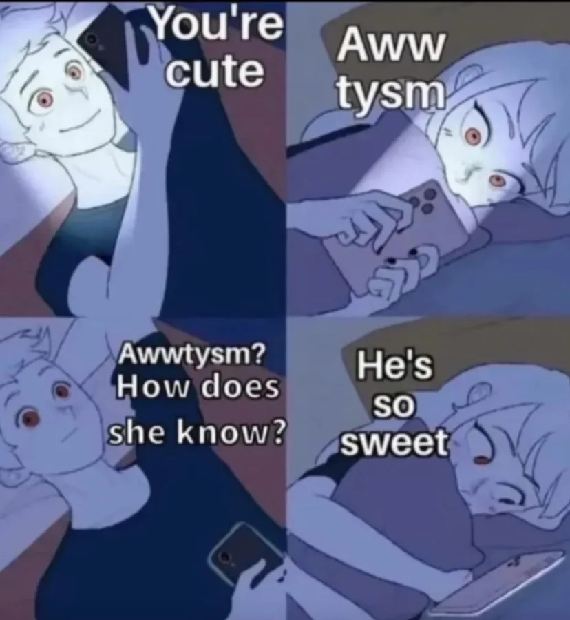 A four-panel anime-style comic showing a person receiving a compliment on their phone, responding with 'Aww tysm', then…