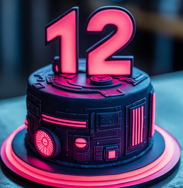 A black, futuristic-themed birthday cake with glowing pink neon accents and a large illuminated number '12' on top…