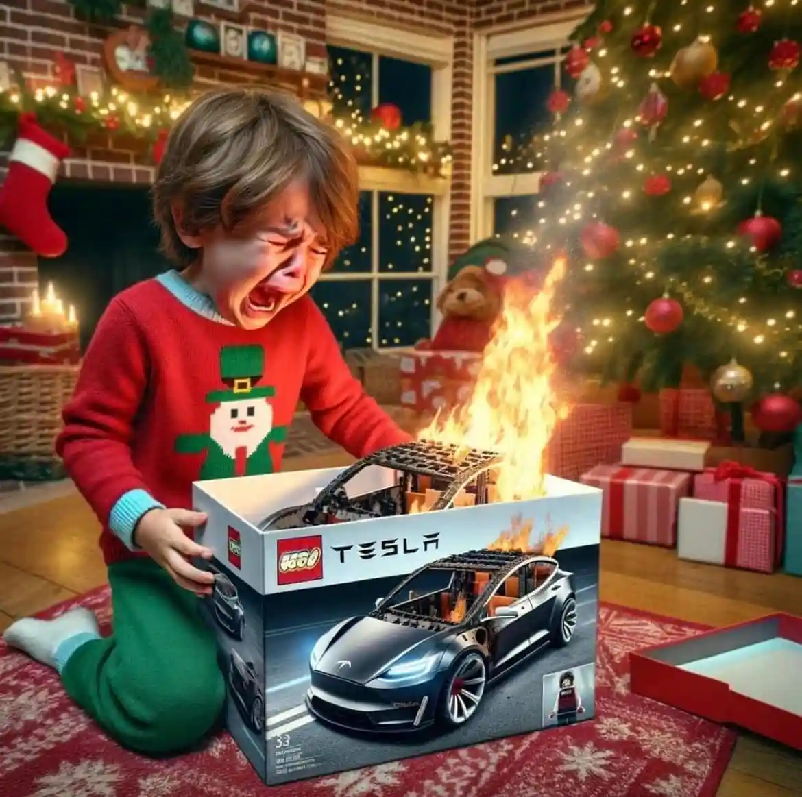 A young child in a red holiday sweater is crying dramatically while opening a LEGO box labeled 'TESLA' that contains a model…
