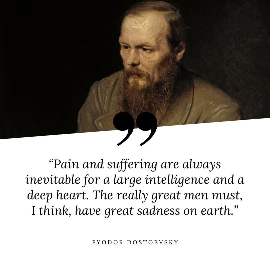 A classical portrait of a bearded man with a somber expression, overlaid with a quote attributed to Fyodor Dostoevsky. The…