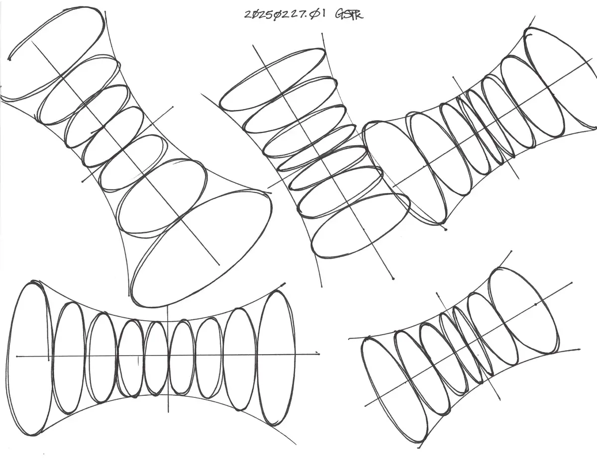 A black-and-white hand-drawn technical sketch shows four curved, segmented shapes resembling springs or pipes, each with…
