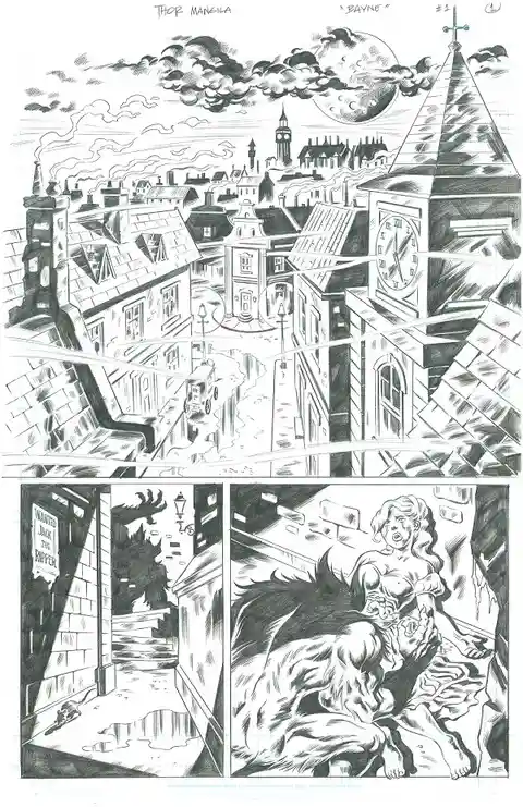 A black-and-white comic page by Thor Mangila titled "BAYNE" shows a detailed cityscape with a clock tower and moon, followed…