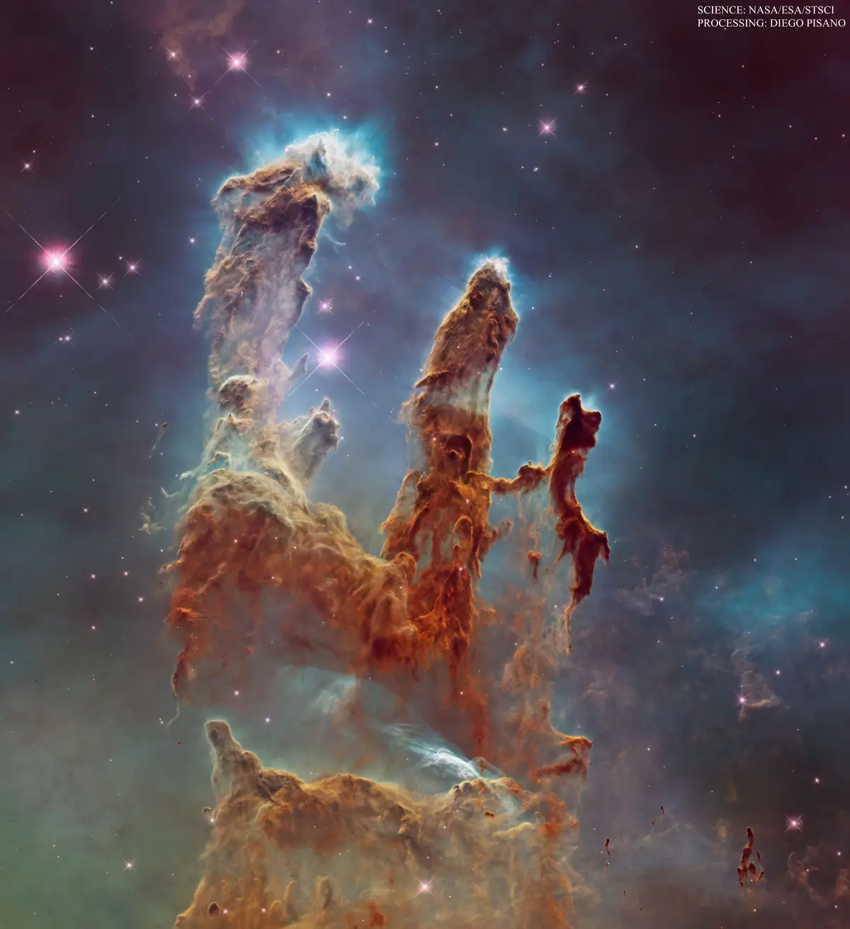 A stunning space photograph shows towering, pillar-like structures of cosmic gas and dust in a nebula, glowing with orange…