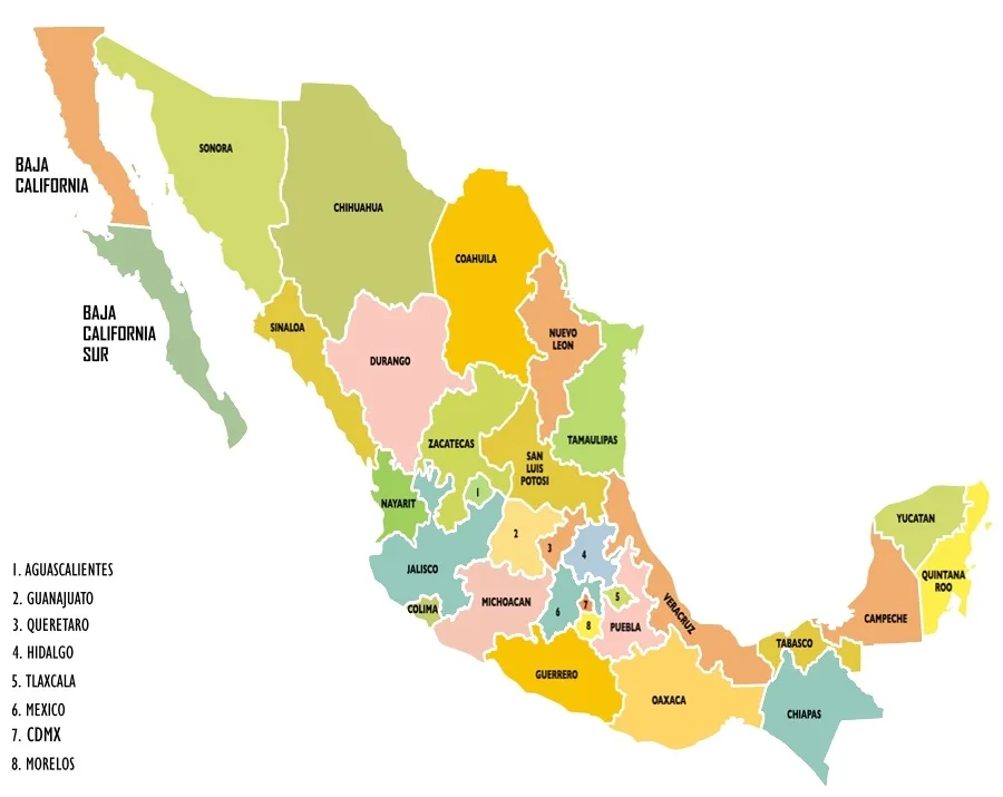 A colorful map of Mexico with its states labeled, but the numbers 1 through 8 are overlaid on specific states and correspond…