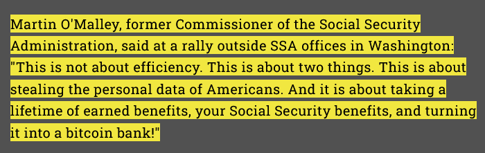 A dark gray background displays a block of yellow-highlighted text quoting Martin O'Malley, former SSA Commissioner, at a…