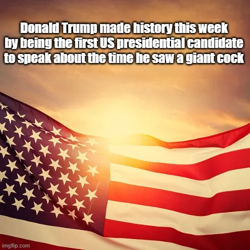 An American flag waves against a bright sunset sky. White text overlaid at the top reads: 'Donald Trump made history this…