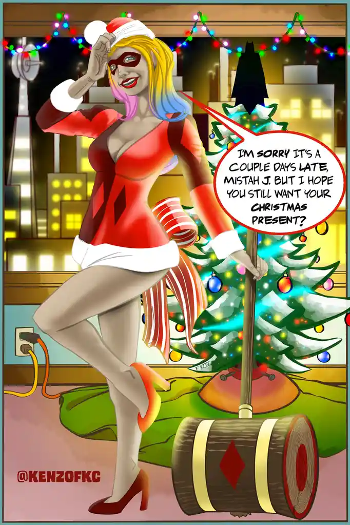 A cartoon Harley Quinn in a red and white Santa outfit with a red mask, standing next to a decorated Christmas tree. She is…