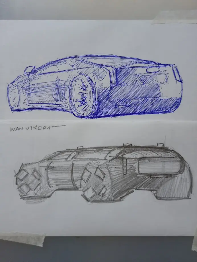 Two car sketches are shown side-by-side on paper: the top one is a sleek, aerodynamic sports car in blue pencil, signed…