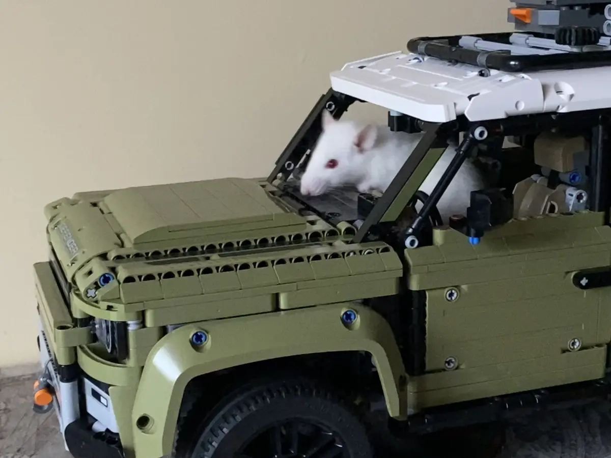 A white mouse with red eyes is peeking out from the driver's side of a detailed olive-green Lego Land Rover Defender model…