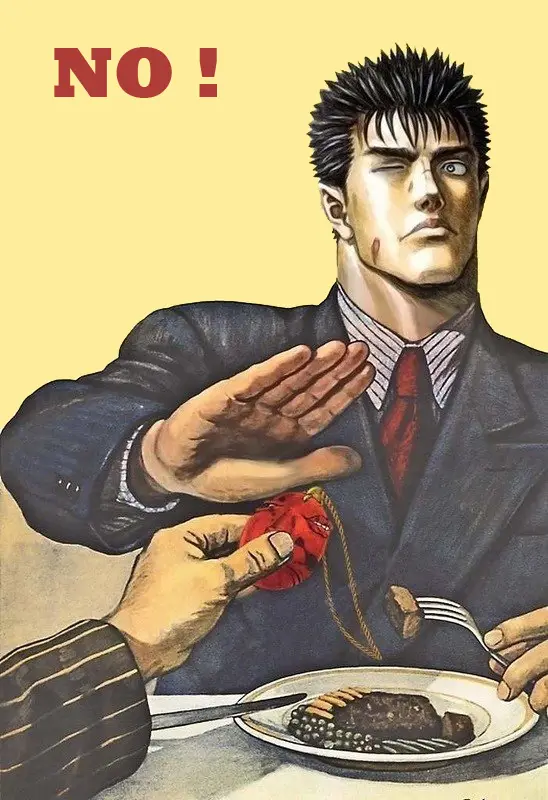 A man in a suit and red tie, with a shocked expression and one eye closed, holds up his hand to reject a red object being…