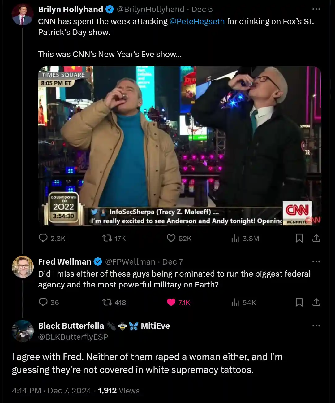 A screenshot of a CNN New Year's Eve broadcast from Times Square in 2021, showing hosts Anderson Cooper and Andy Cohen both…