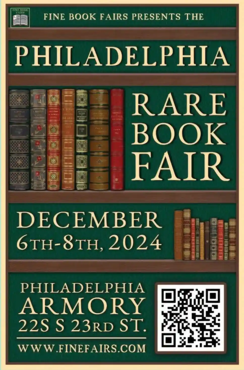 A promotional poster for the Philadelphia Rare Book Fair, featuring ornate vintage books on shelves against a green…