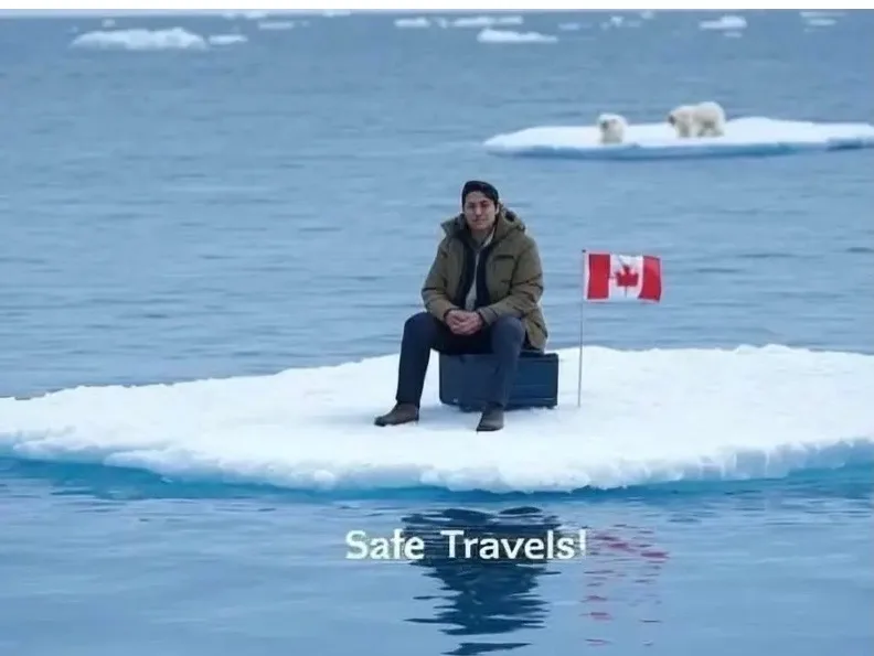 A man sits on a suitcase atop a small iceberg in the middle of a cold ocean, with a Canadian flag planted beside him. In the…