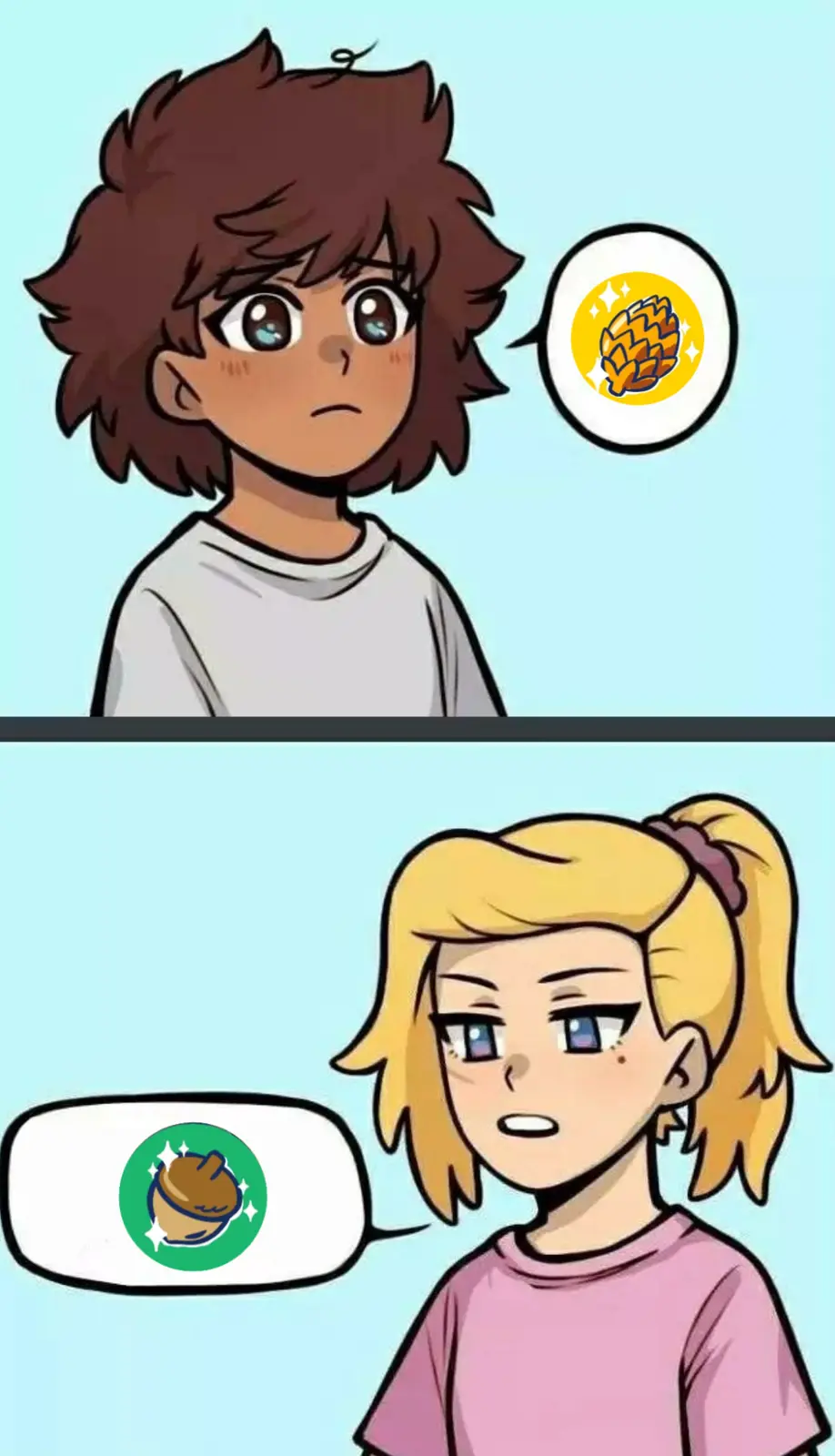 The top panel shows a brown-haired character with a worried expression, their thought bubble containing a yellow circle with…