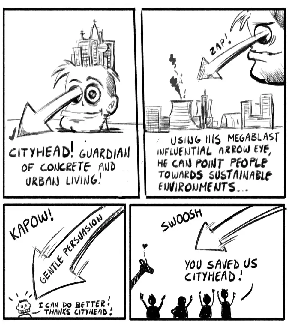 A four-panel comic strip in black and white depicts a character named 'Cityhead' with a cityscape on his head, who uses a…