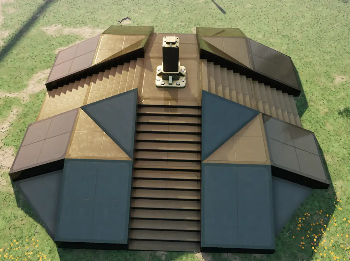 An overhead view of a military tank with a central turret and symmetrical tread patterns, set on a grassy field with…