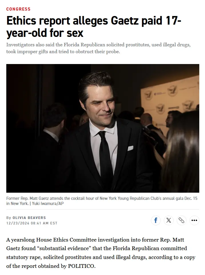 A screenshot of a news article with a headline reading 'Ethics report alleges Gaetz paid 17-year-old for sex' overlaid on a…