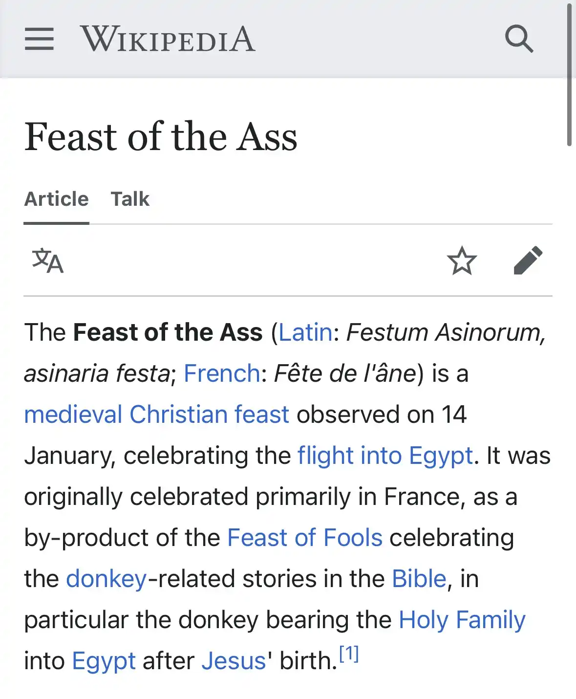 A screenshot of a Wikipedia article titled 'Feast of the Ass' displays text describing a medieval Christian feast…