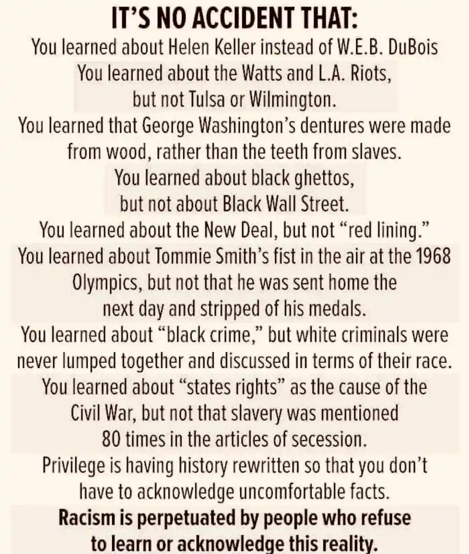 A text-based image with a beige background and black serif font, listing historical omissions and distortions in education…