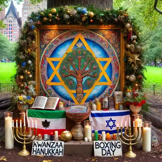 An elaborate outdoor altar decorated with Christmas garlands, a large Star of David with a Tree of Life inside, and lit…
