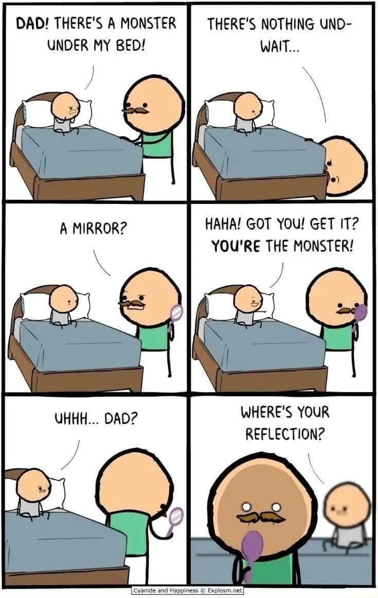 A six-panel comic strip shows a child claiming a monster under their bed. The dad investigates, finds a mirror, and jokes…