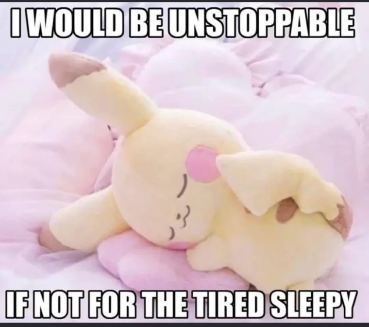A plush toy of the Pokémon character Pikachu is shown sleeping peacefully on a pink blanket. The text overlaid on the image…