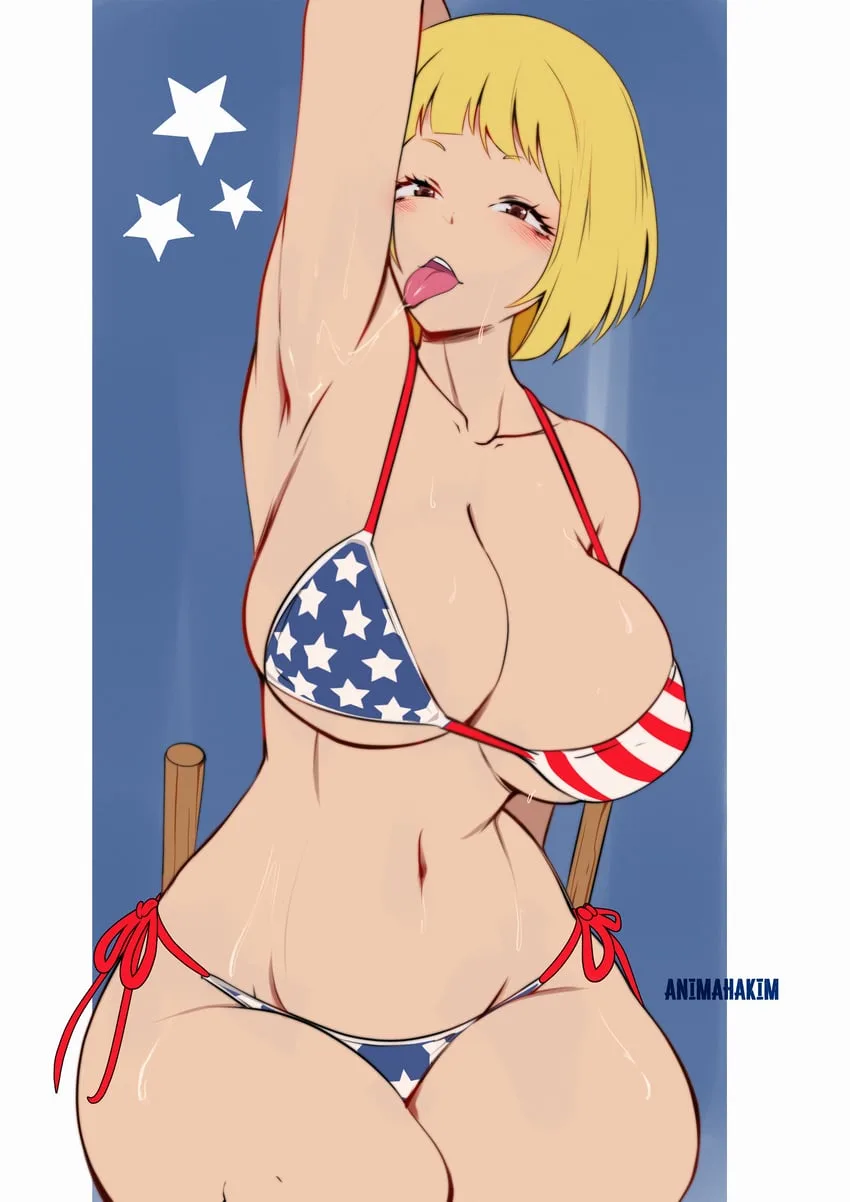 An anime-style illustration of a blonde woman in a patriotic American flag-themed bikini, posing with one arm raised against…