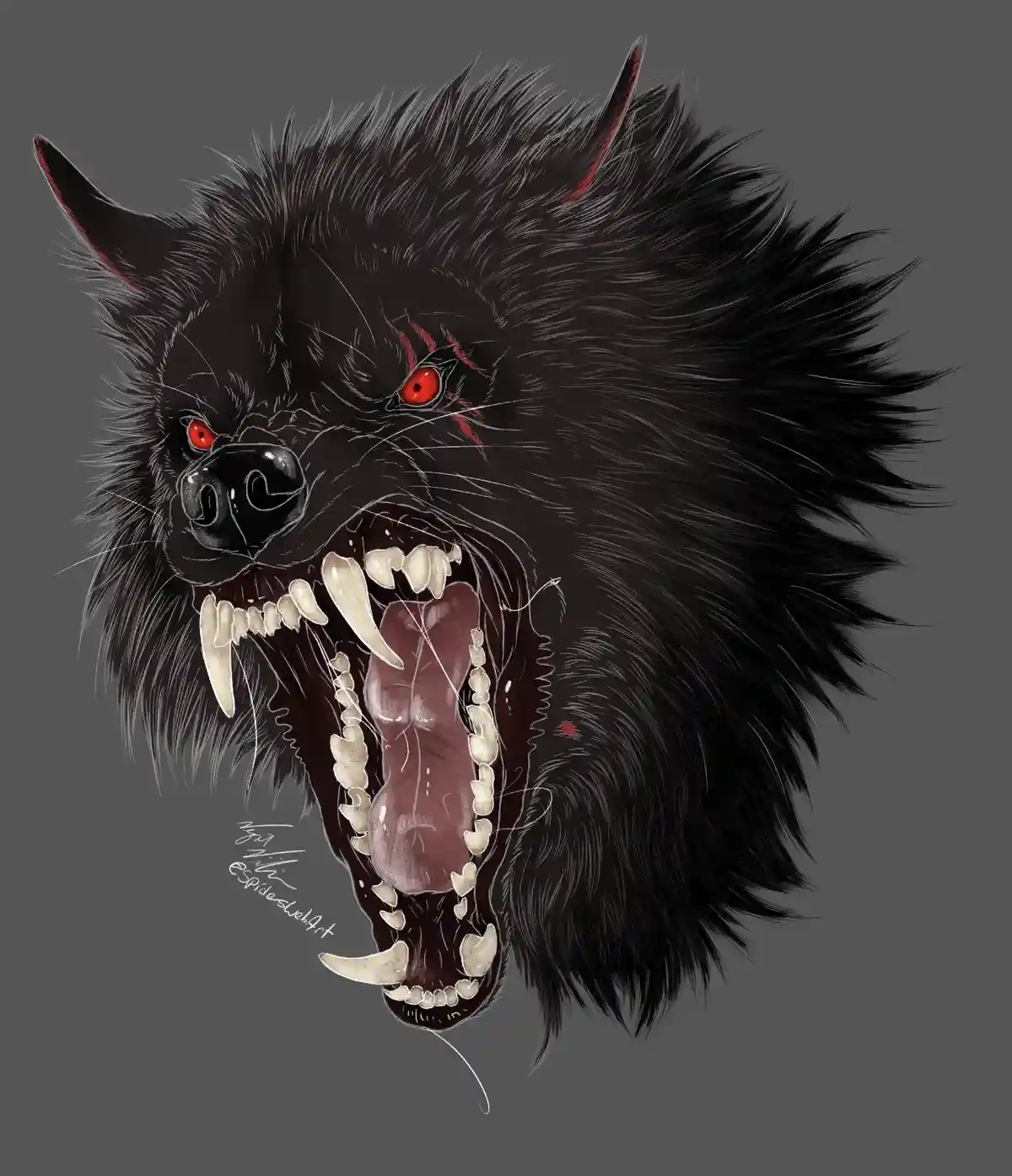 A digitally illustrated, menacing black wolf-like creature with glowing red eyes, sharp fangs, and a snarling open mouth…