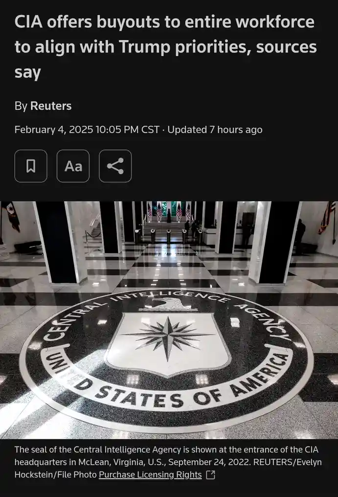 A screenshot of a Reuters news article header overlaid on a photo of the CIA seal embedded in the floor of its headquarters…