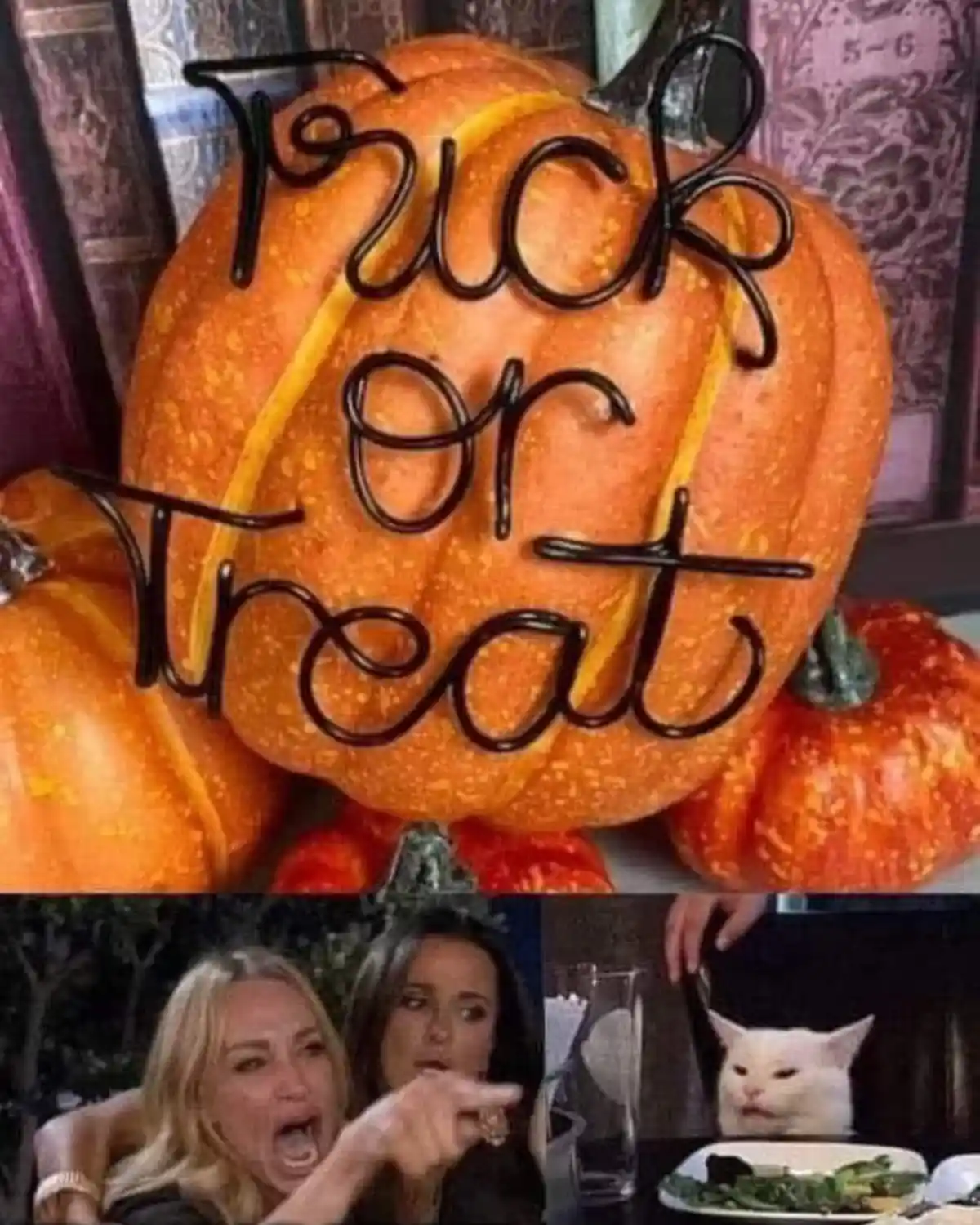 An orange pumpkin with the words 'fuck or treat' written in black icing sits among other pumpkins. Below, a split image…