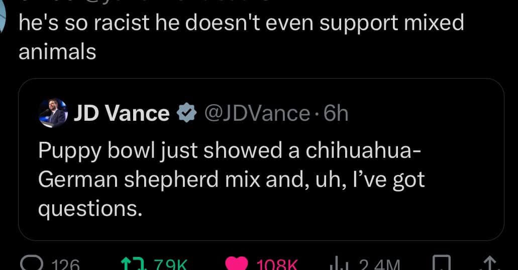 A screenshot of a tweet from JD Vance (@JDVance) that reads 'Puppy bowl just showed a chihuahua-German shepherd mix and, uh…