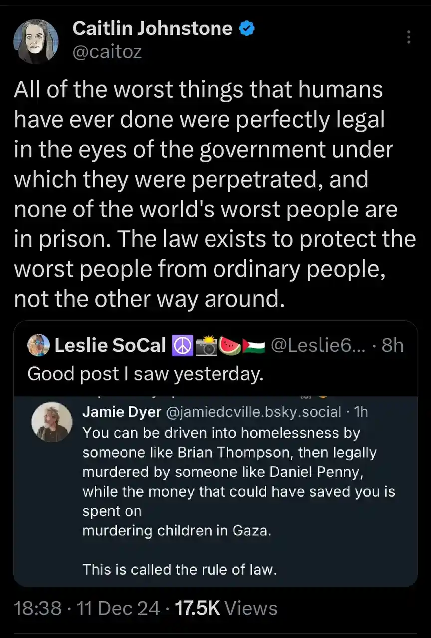 A screenshot of a Twitter/X thread showing a post by Caitlin Johnstone stating that the worst human actions were often legal…